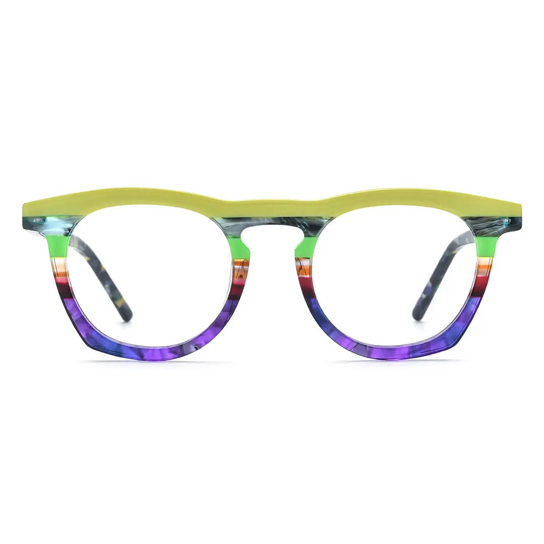 Front view of Mious colorful round acetate eyeglasses RA0032407 in green