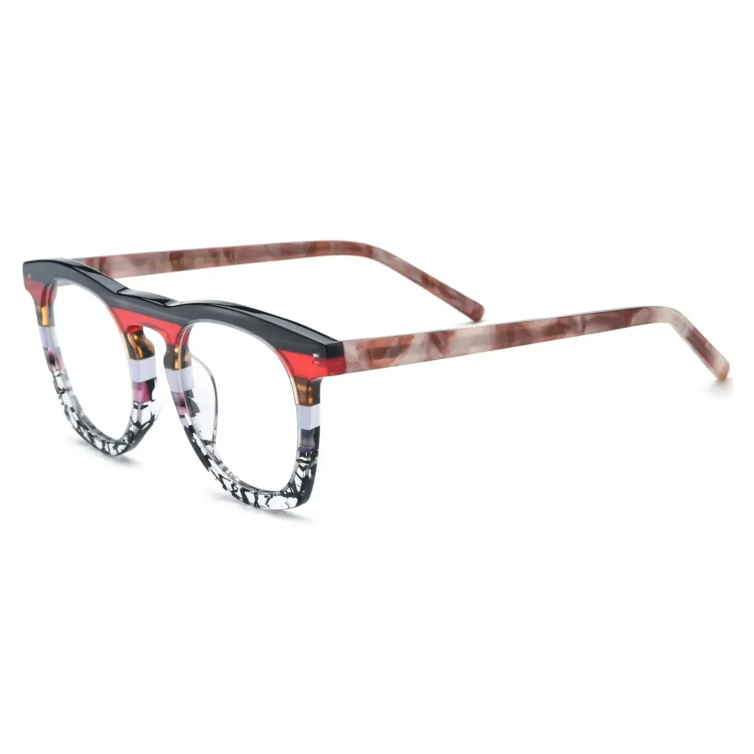 Angle view of Mious colorful round acetate eyeglasses RA0032407 in red