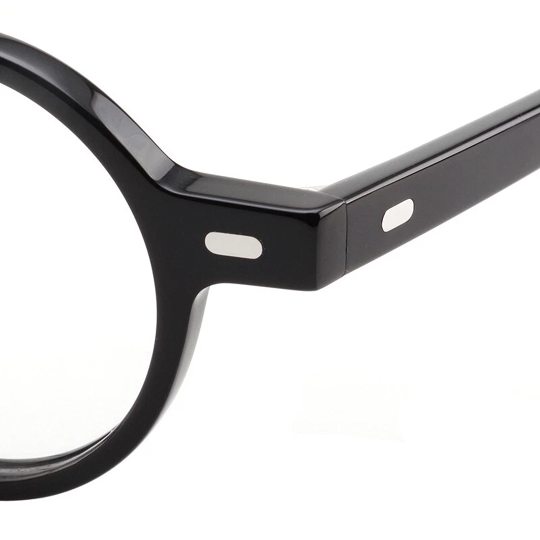 End piece detail of Eirene vintage round acetate eyeglasses RA0042301 in black