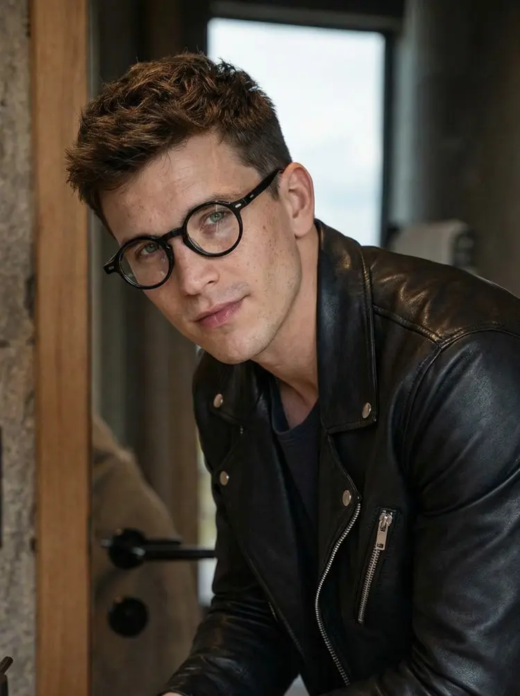 Male model wearing vintage black round acetate eyeglasses in a rustic room with a wooden door frame. SPU: RA0042301