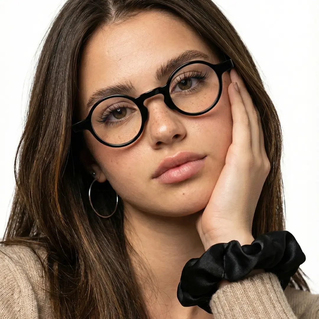 Front view of female wearing black round eyeglasses, hand near face, natural expression, RA0042303