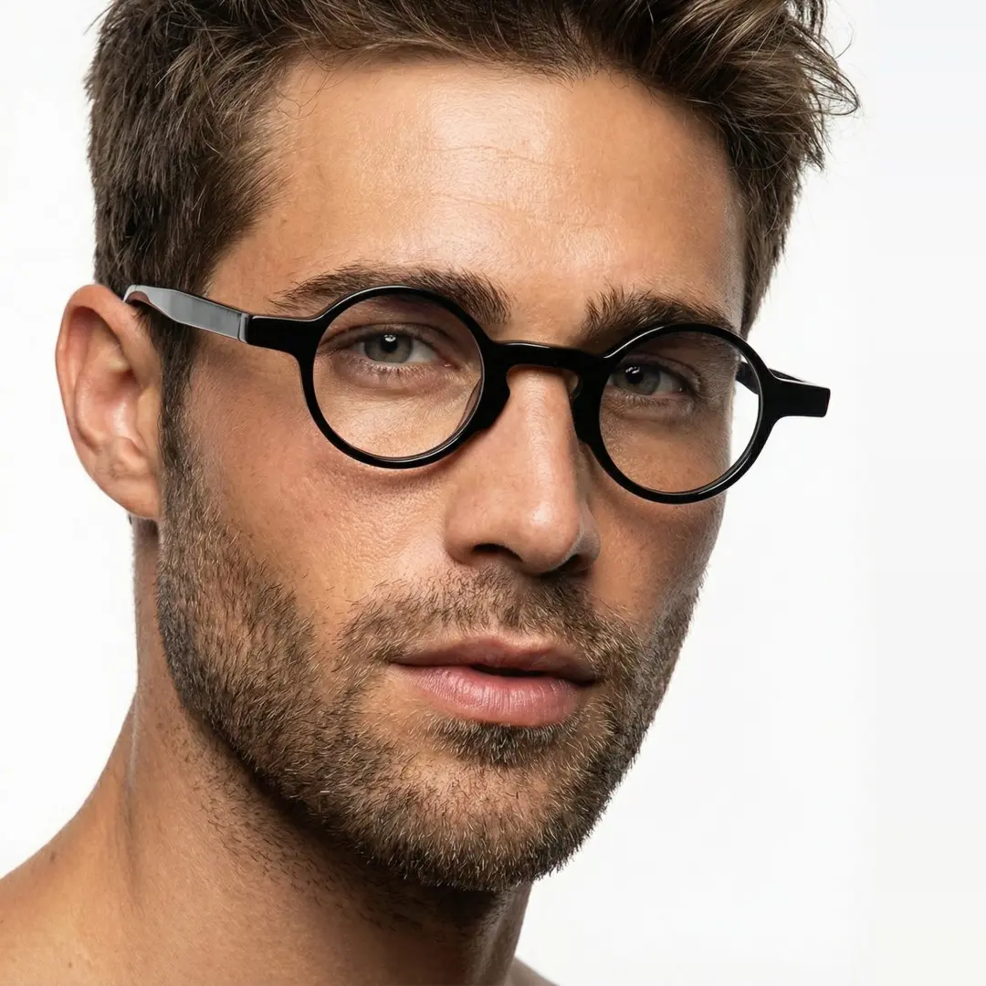 Male wearing vintage black round acetate eyeglasses, neutral expression. SPU: RA0042303