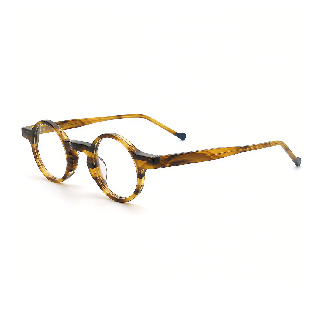 Angle view of Maat vintage round acetate eyeglasses in yellow tortoise. SPU: RA0042303