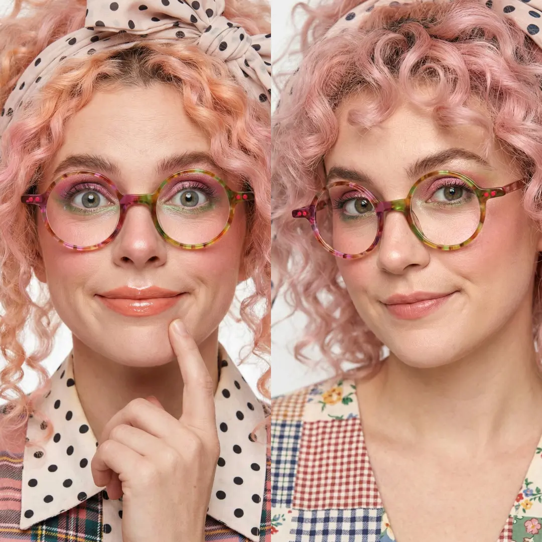 Front view of two people wearing multicolor round eyeglasses, various expressions, RA0052207