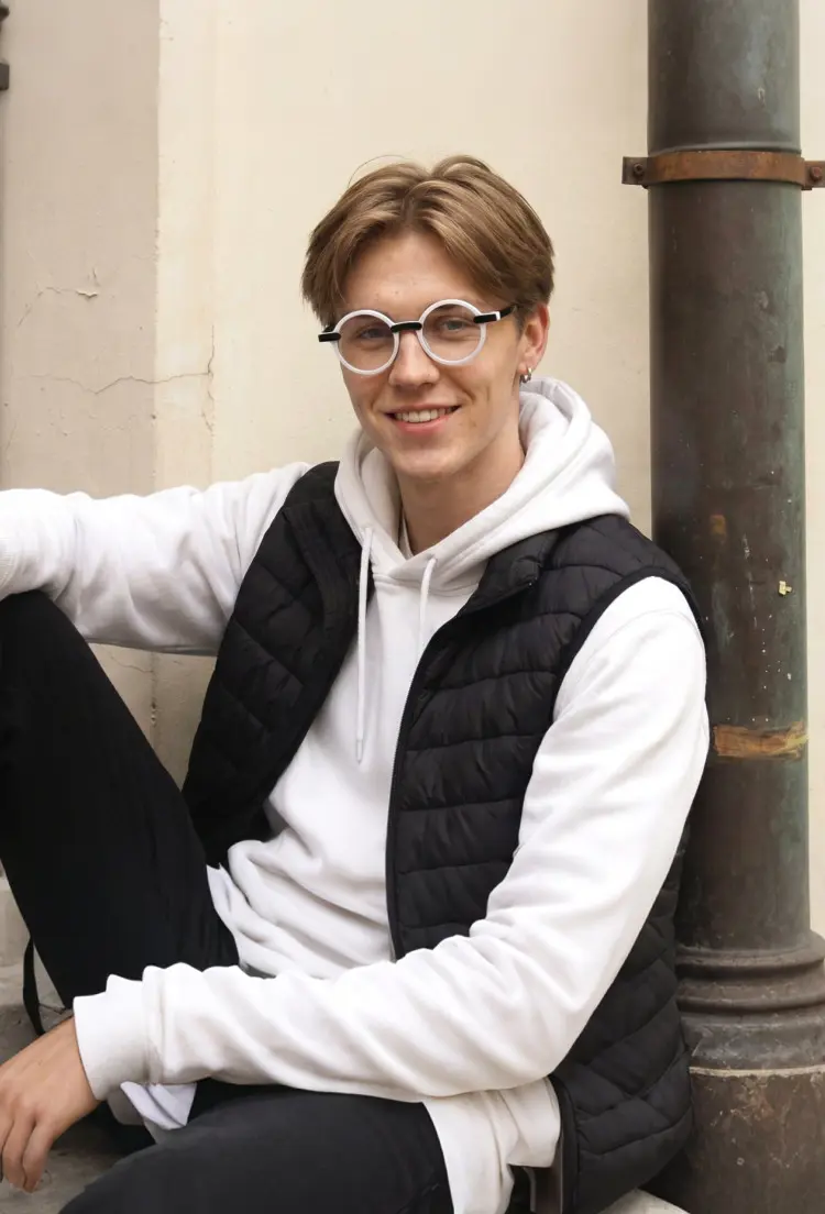 Male model wearing everyday black round acetate eyeglasses outdoors leaning against a wall. SPU: RA0052305