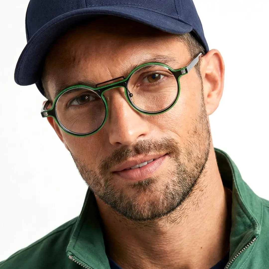 Front view of male wearing green round eyeglasses, tilting head, soft smile, RA0052306