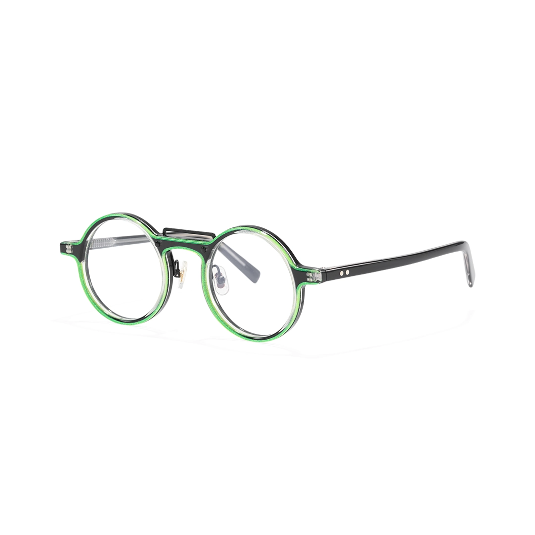 Angle view of May steampunk round acetate eyeglasses RA0052306 in green