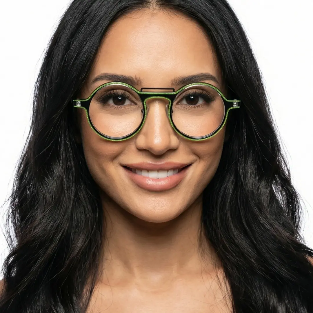 Front view of female wearing steampunk green round eyeglasses, natural smile, RA0052306