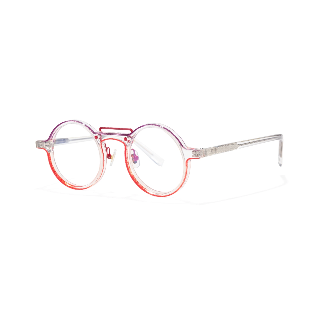 Angle view of May steampunk round acetate eyeglasses RA0052306 in red