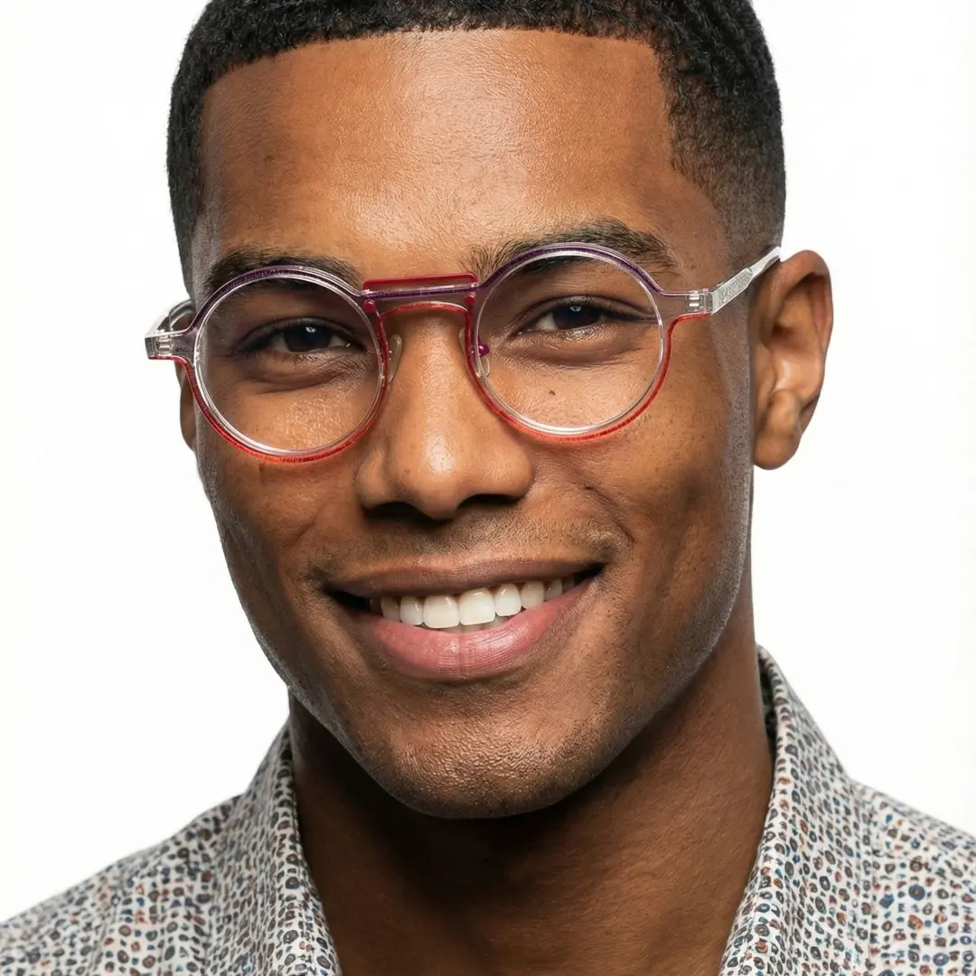 Straight-on view of male wearing steampunk red round eyeglasses, smiling, RA0052306
