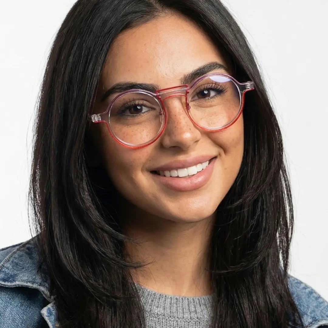 Slightly angled view of female wearing steampunk red round eyeglasses, smiling, RA0052306