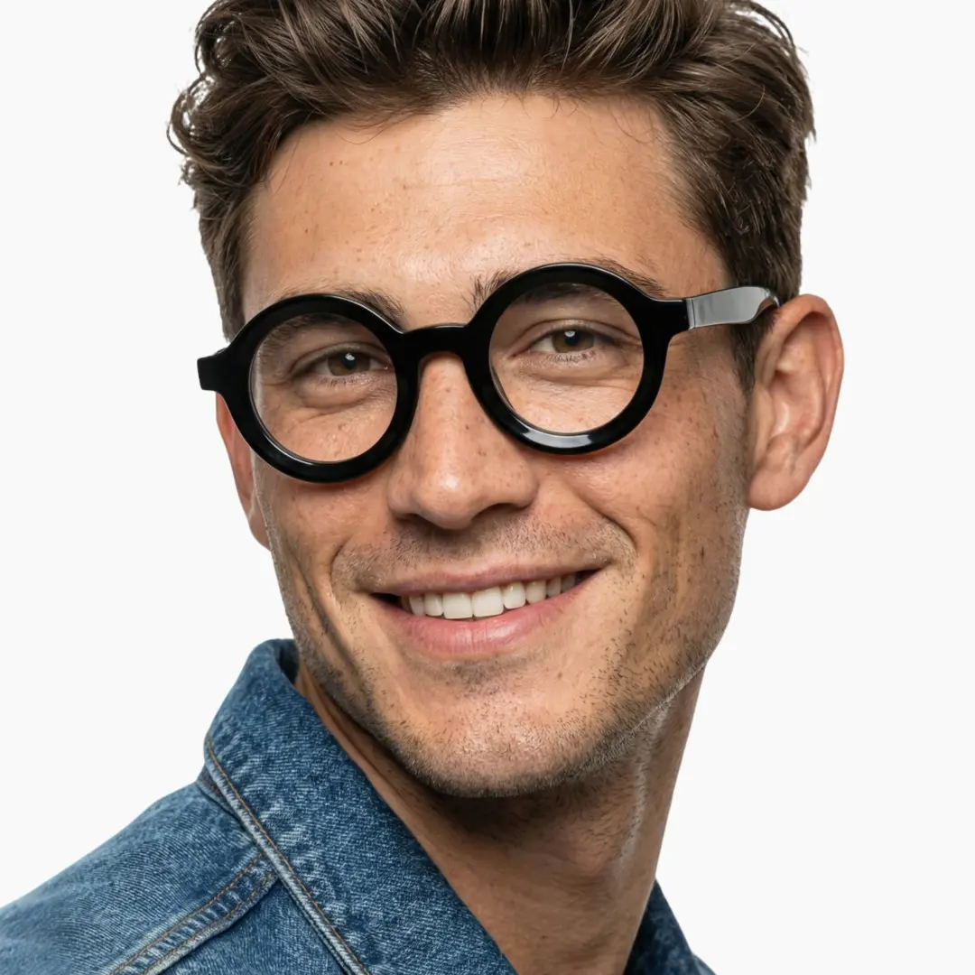Front view of male wearing black round eyeglasses, natural smile, RA0052408