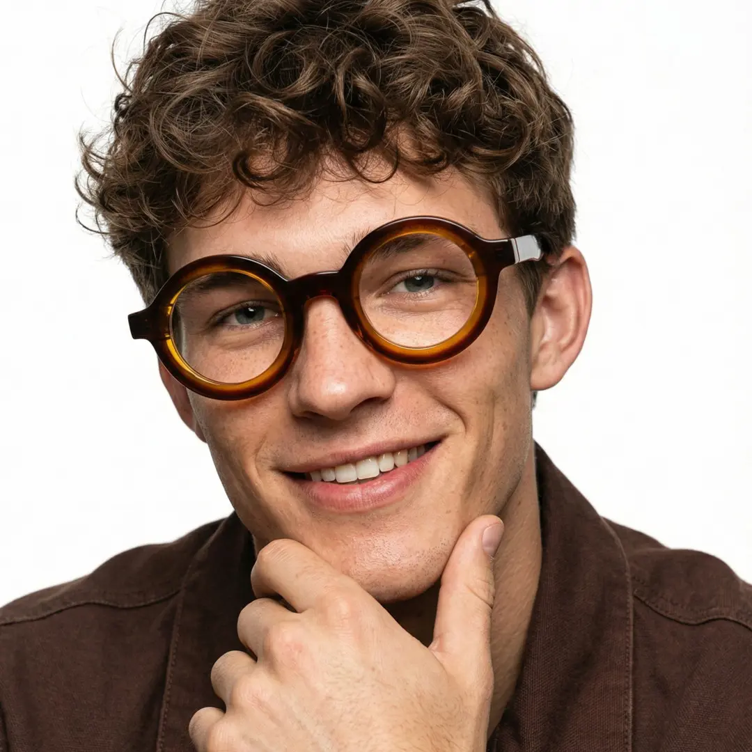 Front view of male wearing brown tortoise round eyeglasses, resting chin on hand, smiling, RA0052408