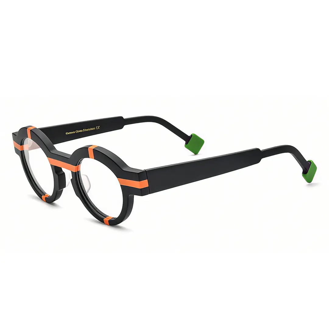 Angle view of Know colorful round acetate eyeglasses in black. SPU: RA0062311