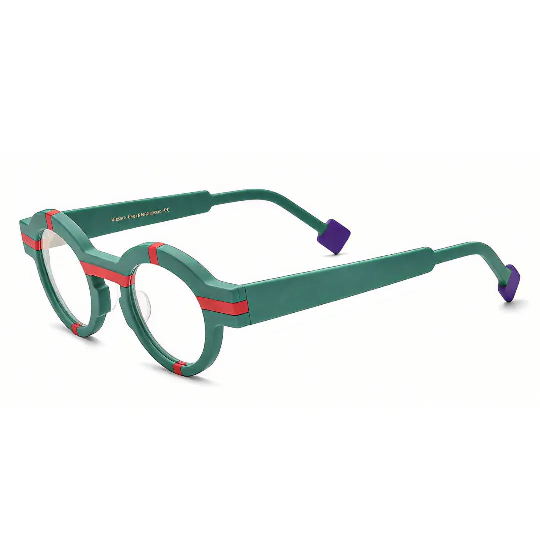 Angle view of Know colorful round acetate eyeglasses in green. SPU: RA0062311