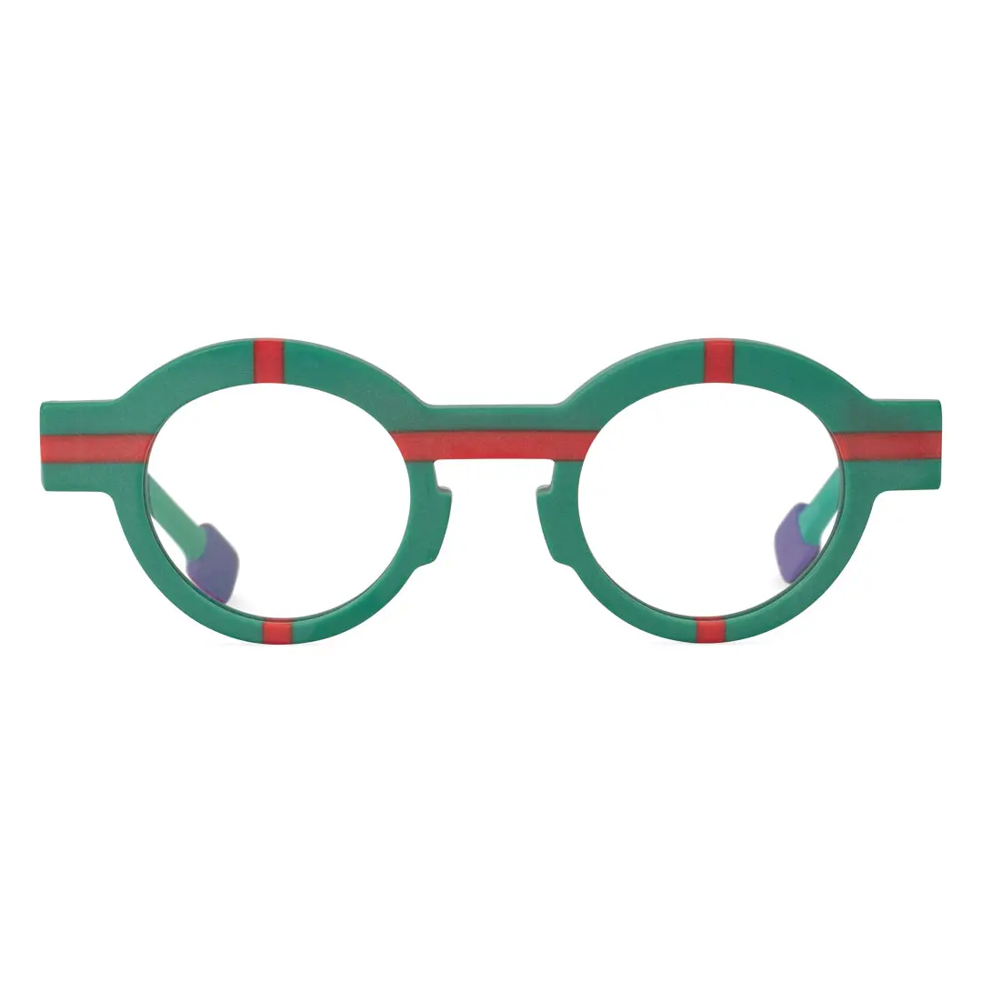 Angle view of Know colorful round acetate eyeglasses in green. SPU: RA0062311