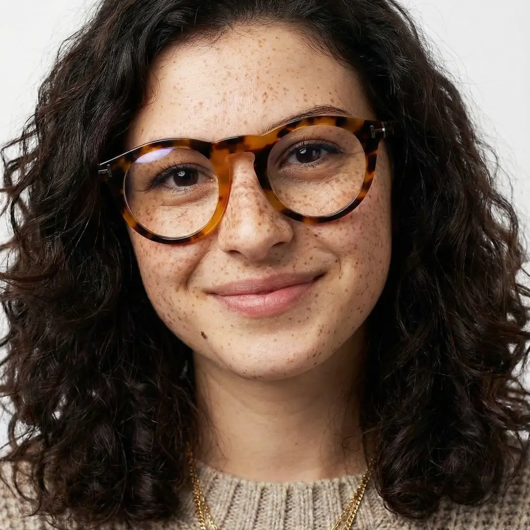 Front view of female wearing tortoise round eyeglasses, smiling, RA0062506