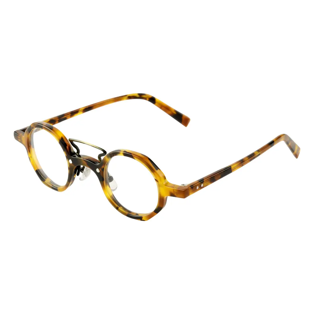 Angle view of Kishi vintage round acetate eyeglasses in tortoise. SPU: RA0092305