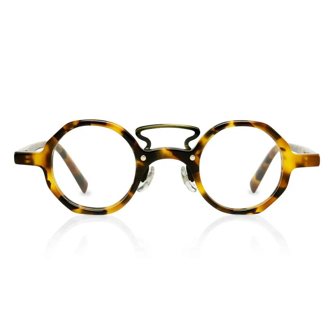 Front view of Kishi vintage round acetate eyeglasses in tortoise. SPU: RA0092305