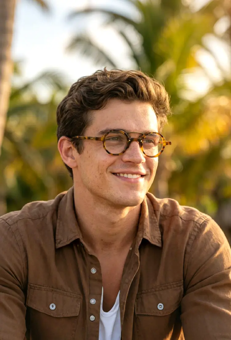 Male model wearing vintage tortoise round acetate eyeglasses outdoors with palm trees in the background. SPU: RA0092305