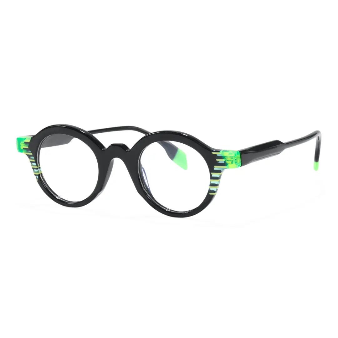 Angle view of Borr round acetate eyeglasses RA0102312 in black