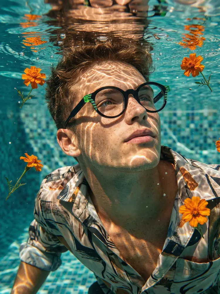 Male model wearing everyday black round acetate eyeglasses underwater in a swimming pool with floating flowers. SPU: RA0102312
