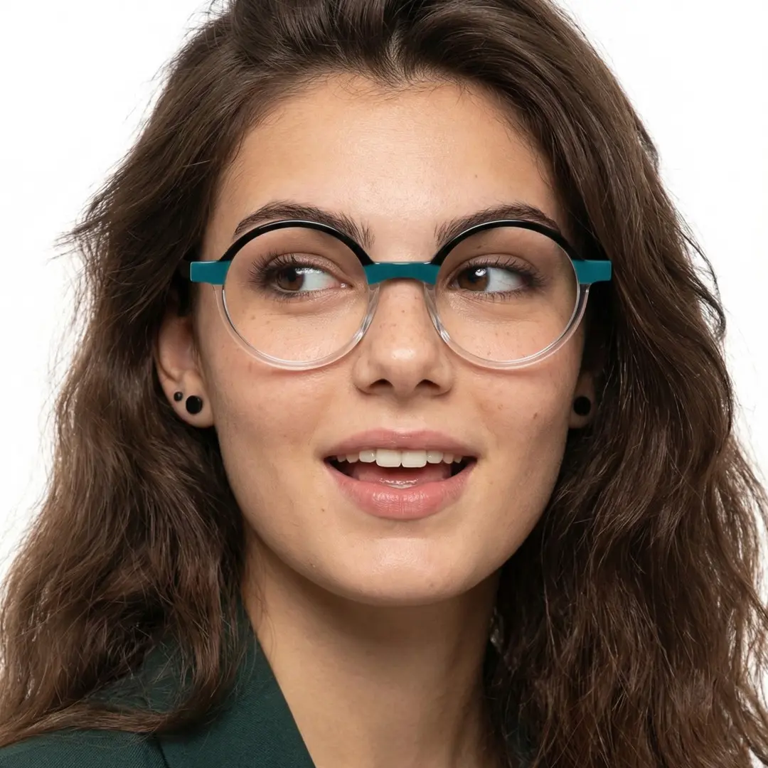 Close-up view of female wearing two-tone round eyeglasses, open mouth, neutral expression, RA0112309