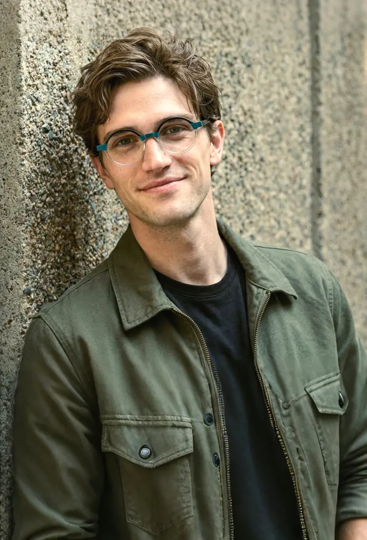Male model wearing colorful two-tone round acetate eyeglasses in a white studio. SPU: RA0112309