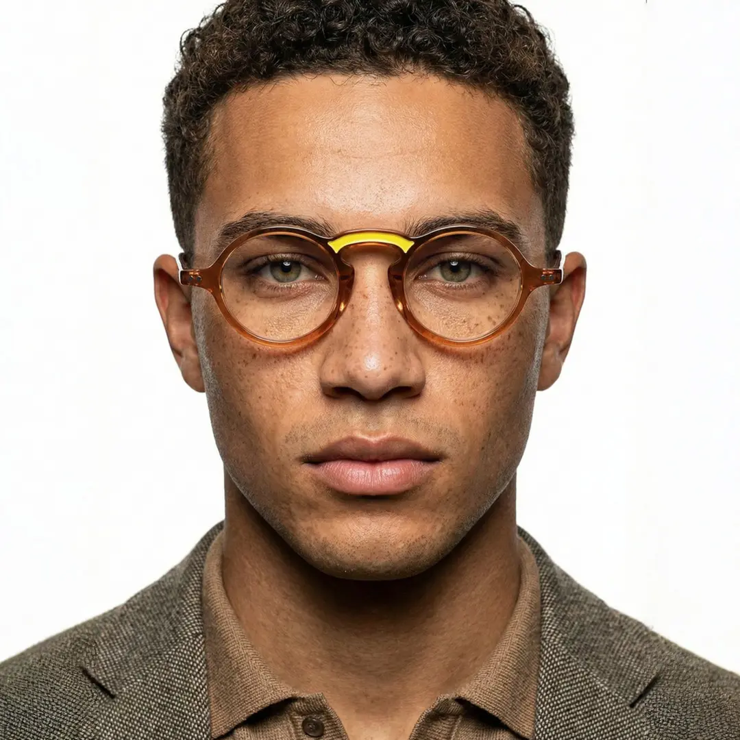 Front view of male wearing vintage brown round eyeglasses, neutral expression, RA0142306