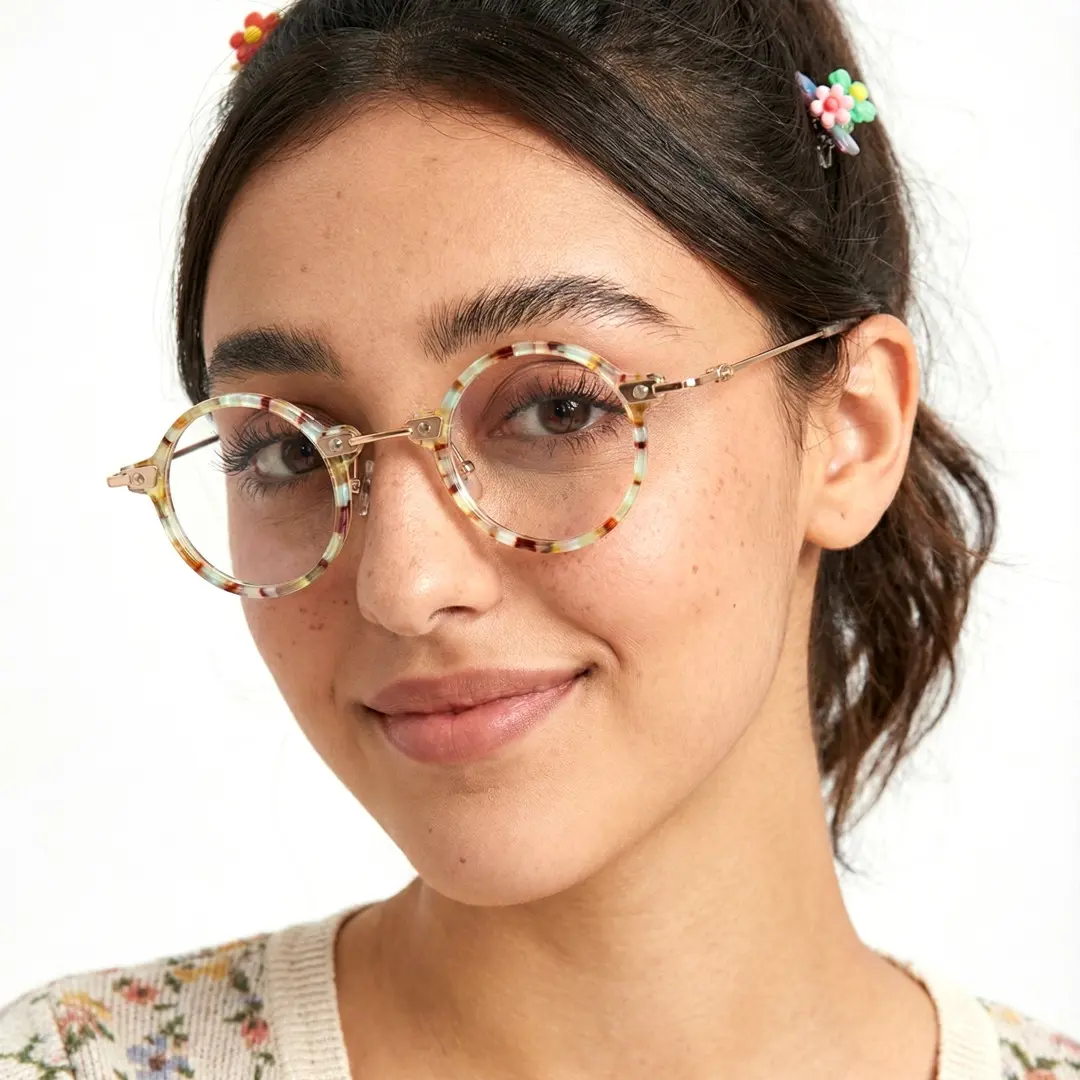 Profile view of female wearing steampunk clearmulticolor round eyeglasses, smiling, RA0142402
