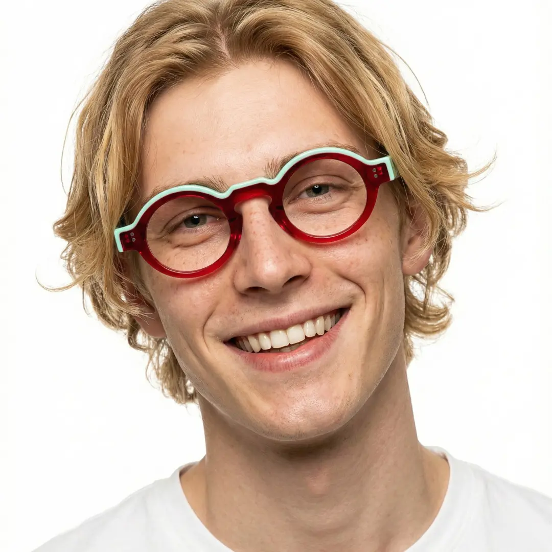 Close-up view of male wearing colorful red round eyeglasses, smiling, RA0152406