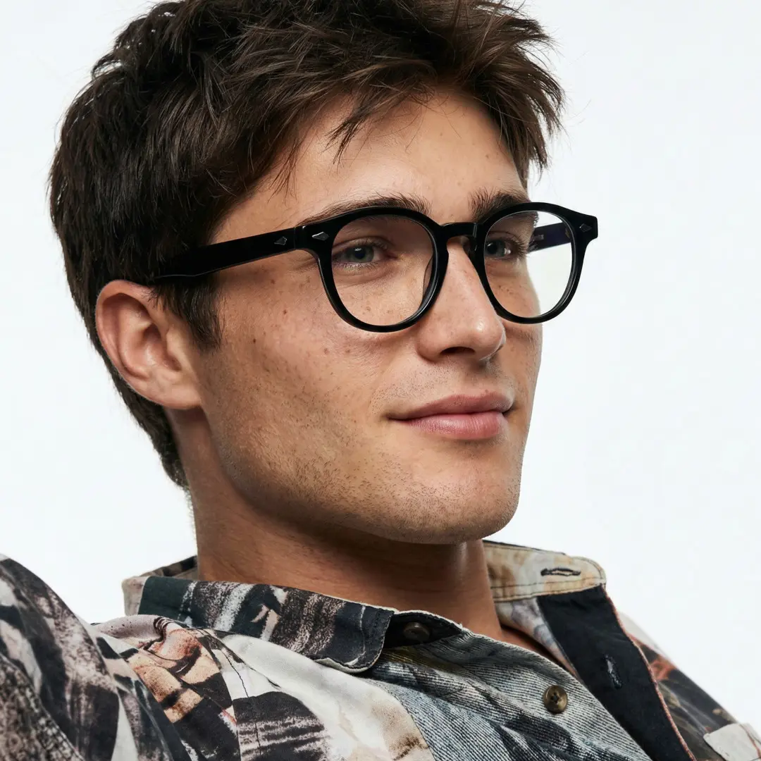 Three-quarter view of male wearing vintage black round eyeglasses, relaxed expression, RA0152411