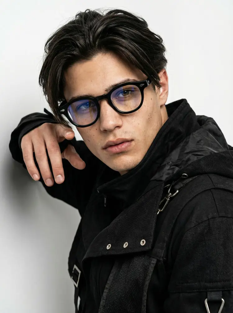 Male model wearing vintage tortoise round acetate eyeglasses in a white studio. SPU: RA0152411