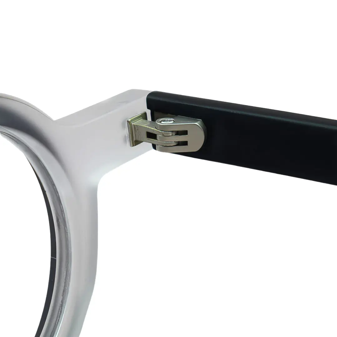 Spring hinge detail of Jase round acetate eyeglasses RA0162406 in grey