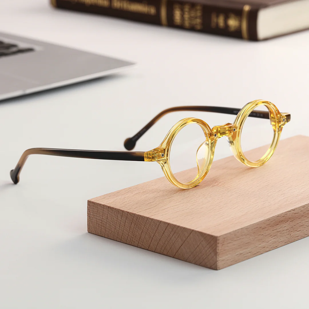 Scene view of Tartan vintage round acetate eyeglasses in yellow. SPU: RA0182302