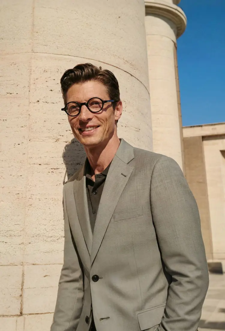 Male model wearing vintage tortoise round acetate eyeglasses in an urban setting. SPU: RA0182302