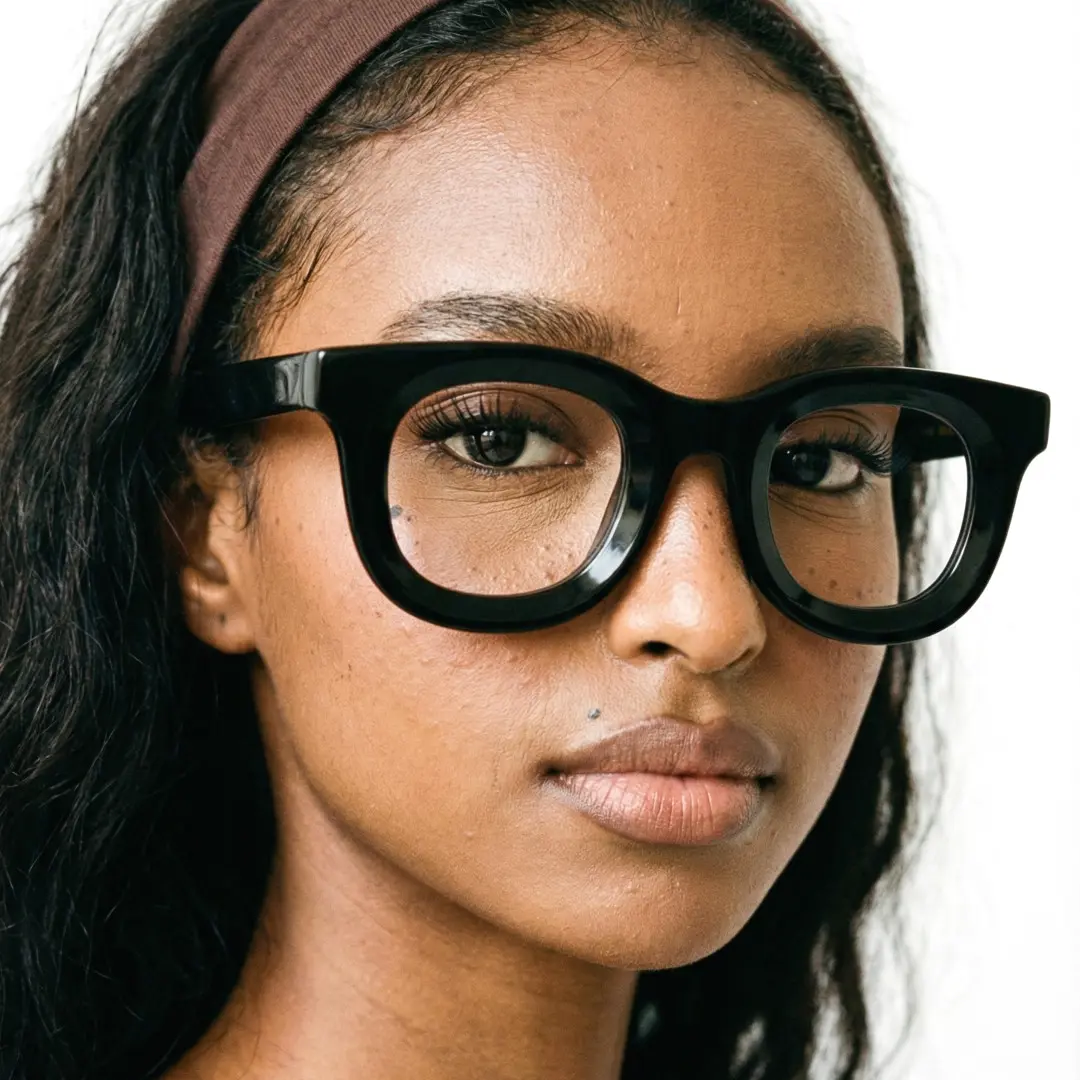 Face close-up view of female wearing black round eyeglasses, natural expression, RA0182406
