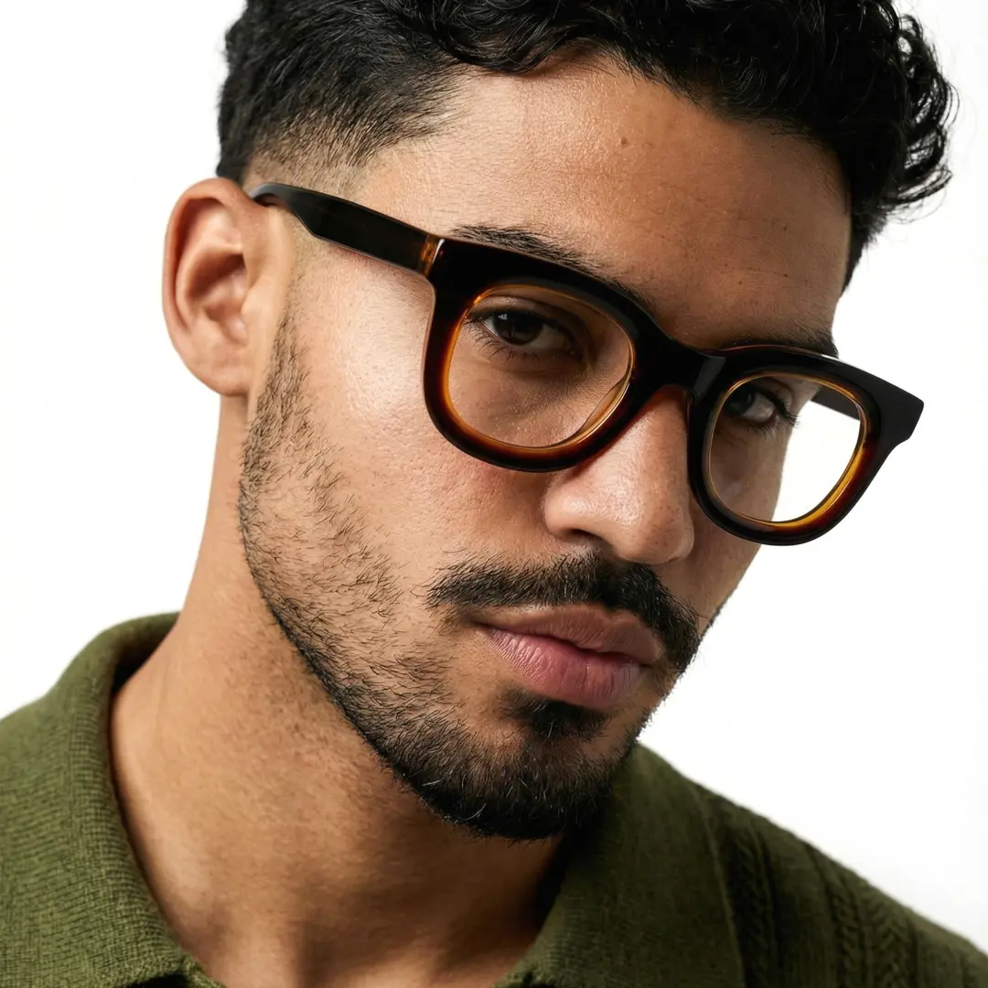Face close-up view of male wearing brown round eyeglasses, relaxed expression, RA0182406