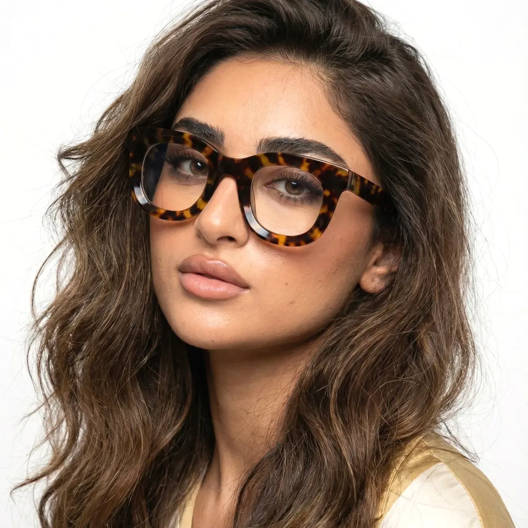 Three-quarter view of female wearing tortoise round eyeglasses, natural expression, RA0182406