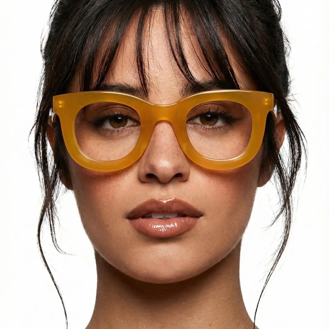 Front view of female wearing yellow round eyeglasses, calm expression, RA0182406