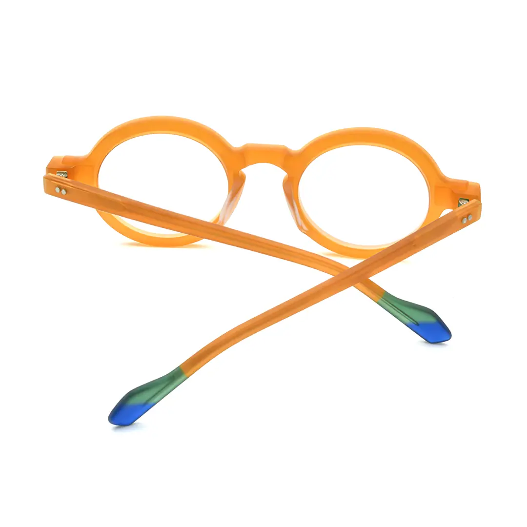 Back folded view of Bhoe colorful round acetate eyeglasses RA0182408 in orange