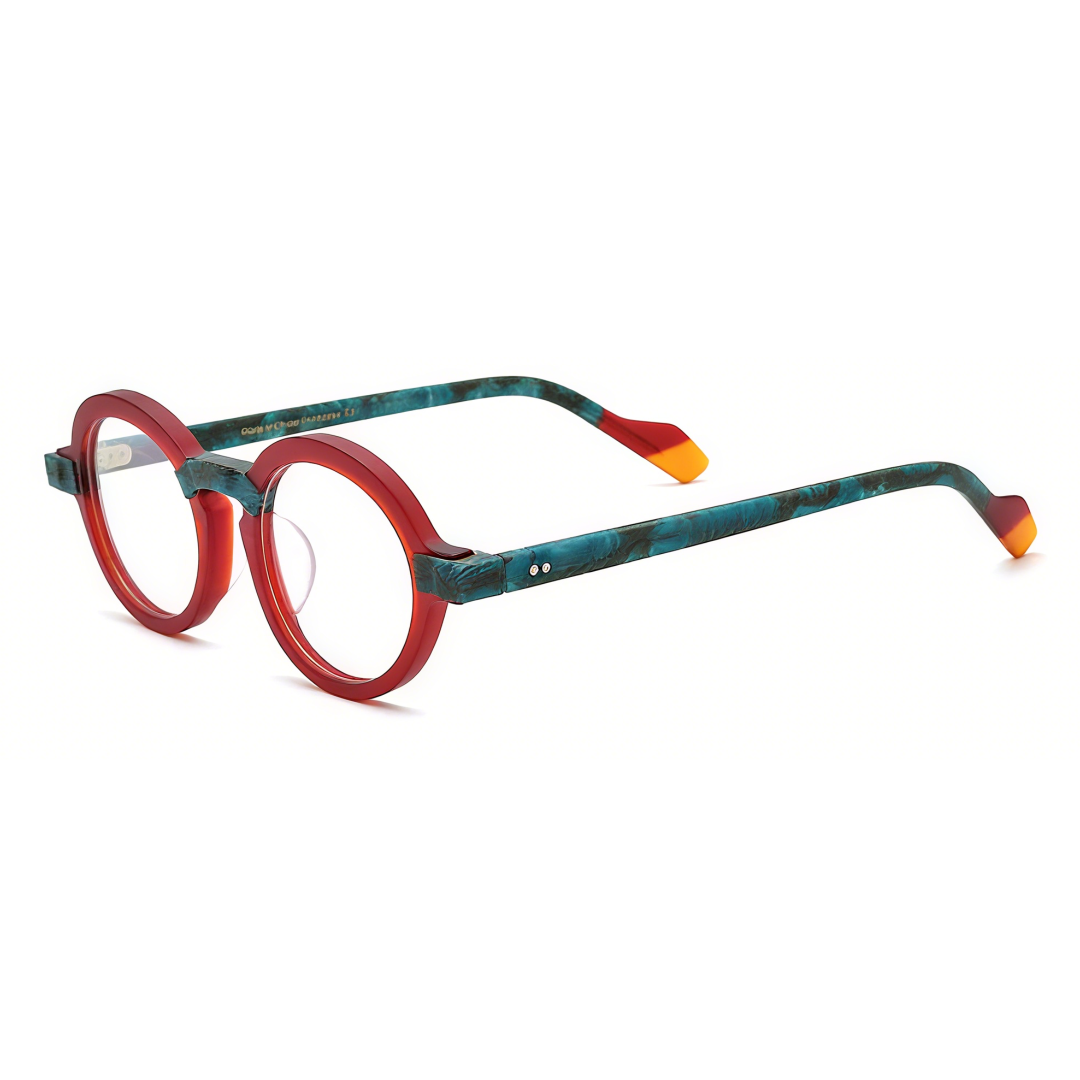 Angle view of Bhoe colorful round acetate eyeglasses RA0182408 in red