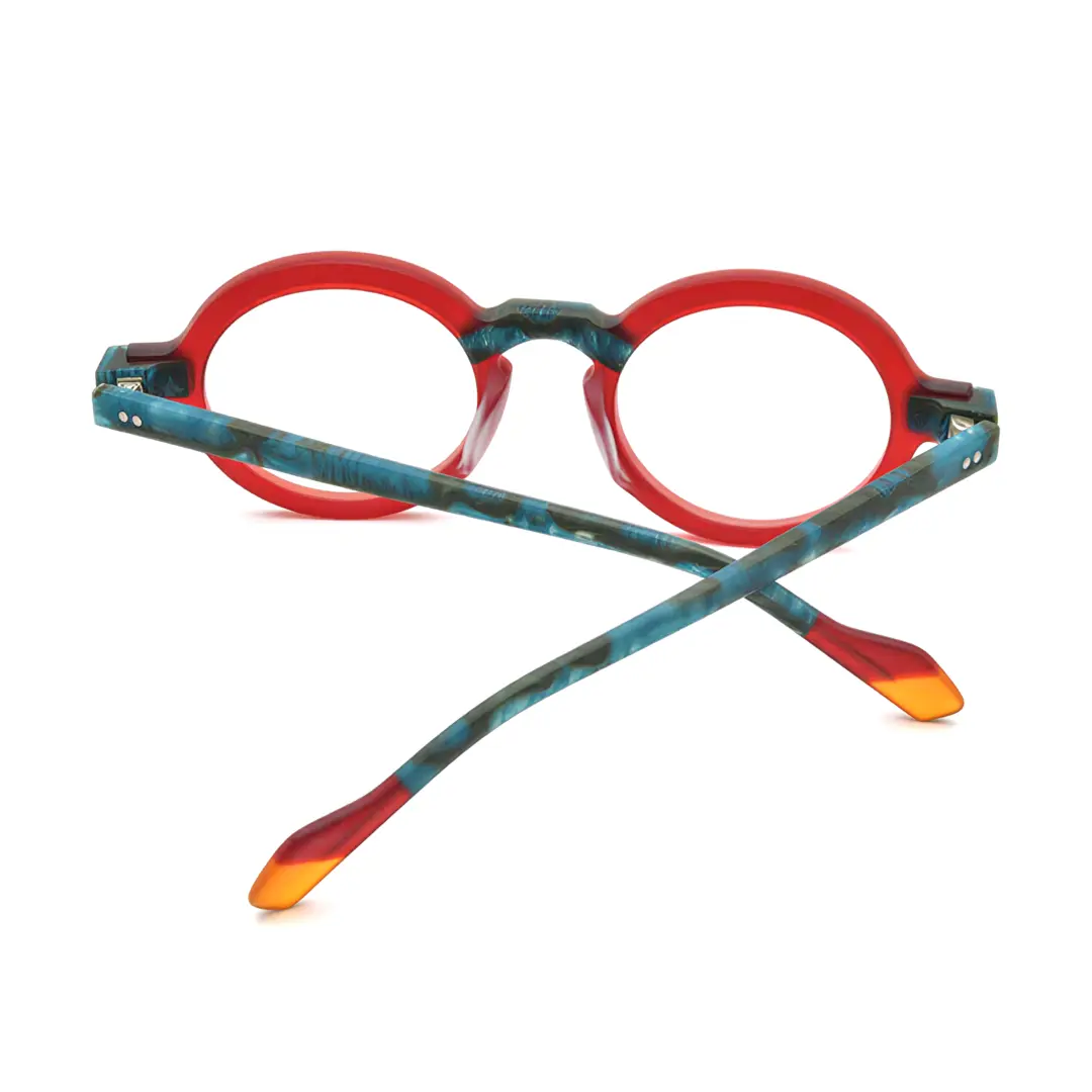 Front folded view of Bhoe colorful round acetate eyeglasses RA0182408 in red