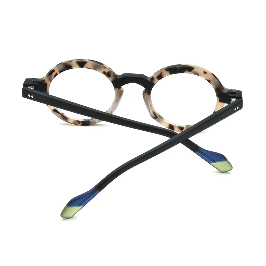 Back folded view of Bhoe colorful round acetate eyeglasses RA0182408 in tortoise