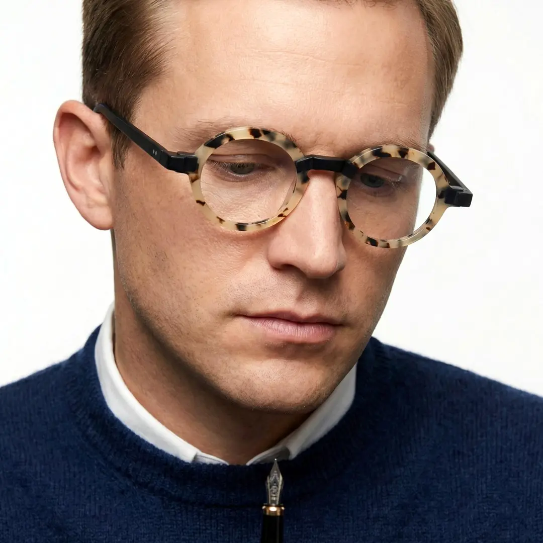 Looking away view of male wearing colorful tortoise round eyeglasses, neutral expression, RA0182408