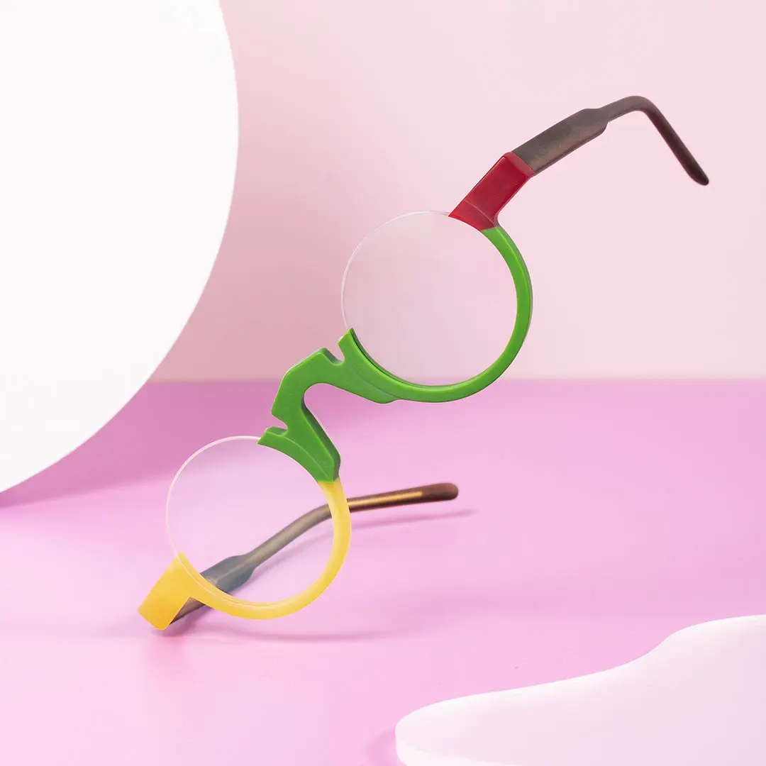 Scene close-up view of Cnc colorful round acetate eyeglasses RA0232310 in multicolor