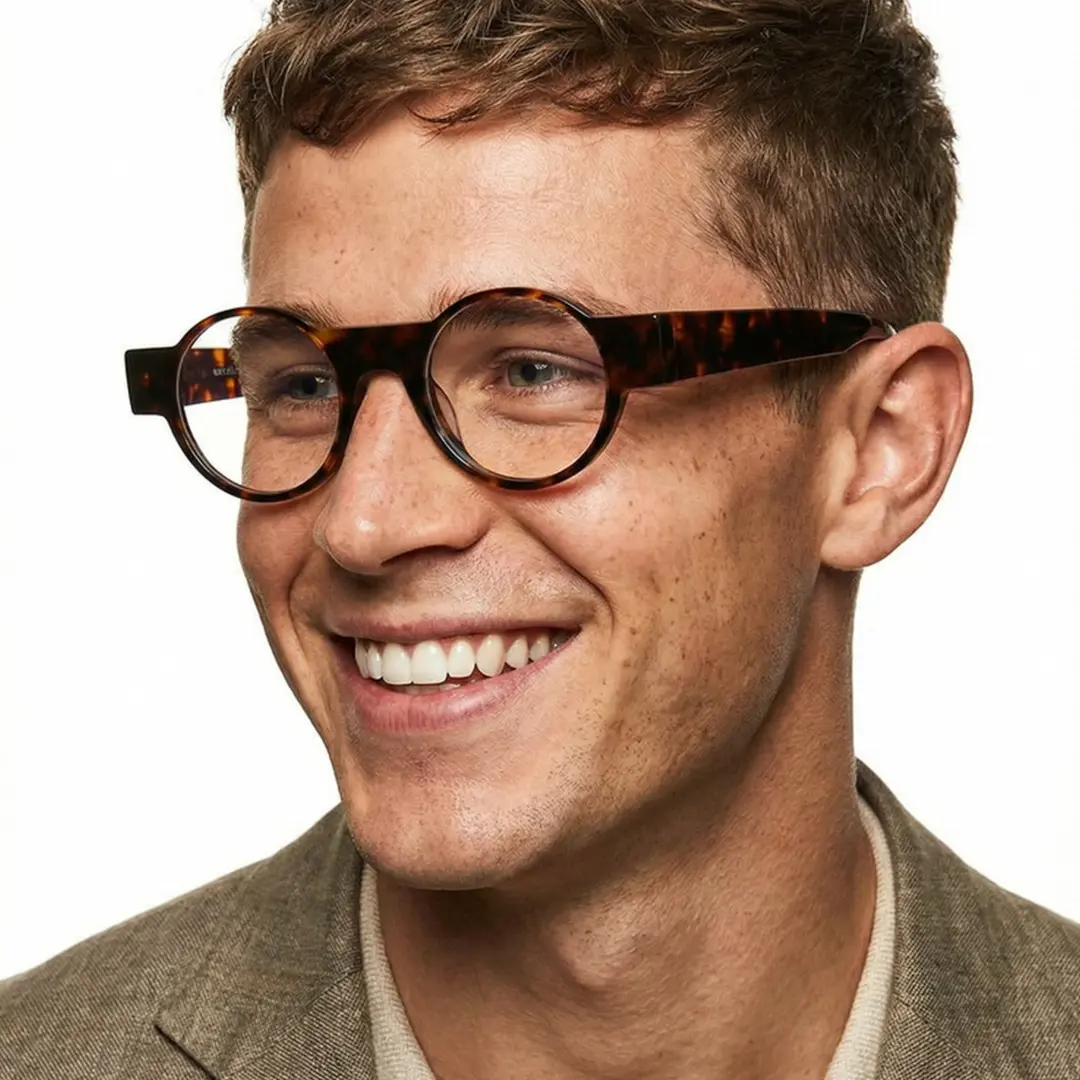 Looking away view of male wearing tortoise round eyeglasses, smiling, RA0232404
