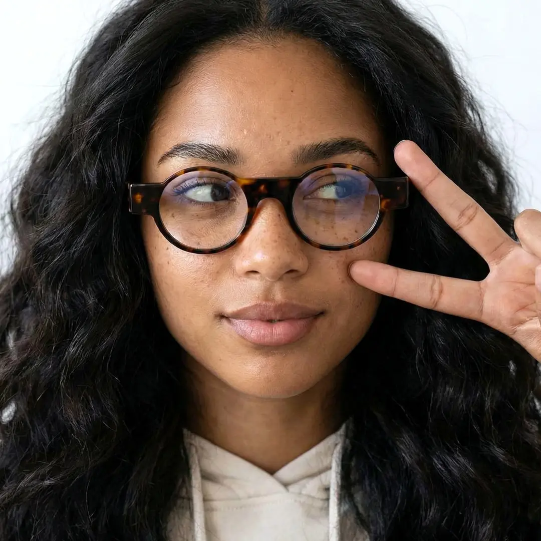 Slightly angled view of female wearing vintage tortoise round eyeglasses, taking a selfie, soft smile, RA0232404