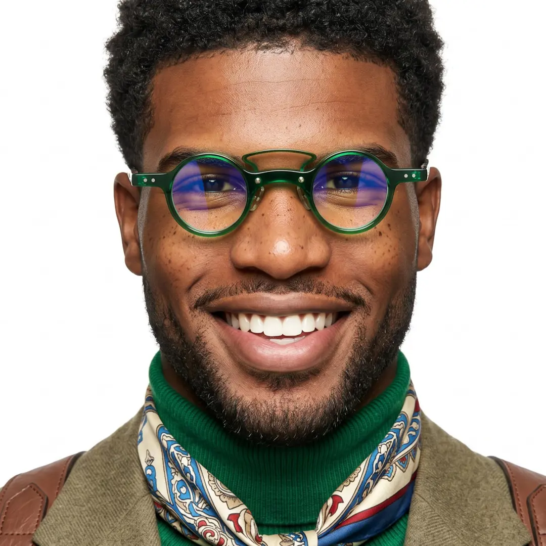 Close-up view of male wearing green round eyeglasses, smiling, RA0302310