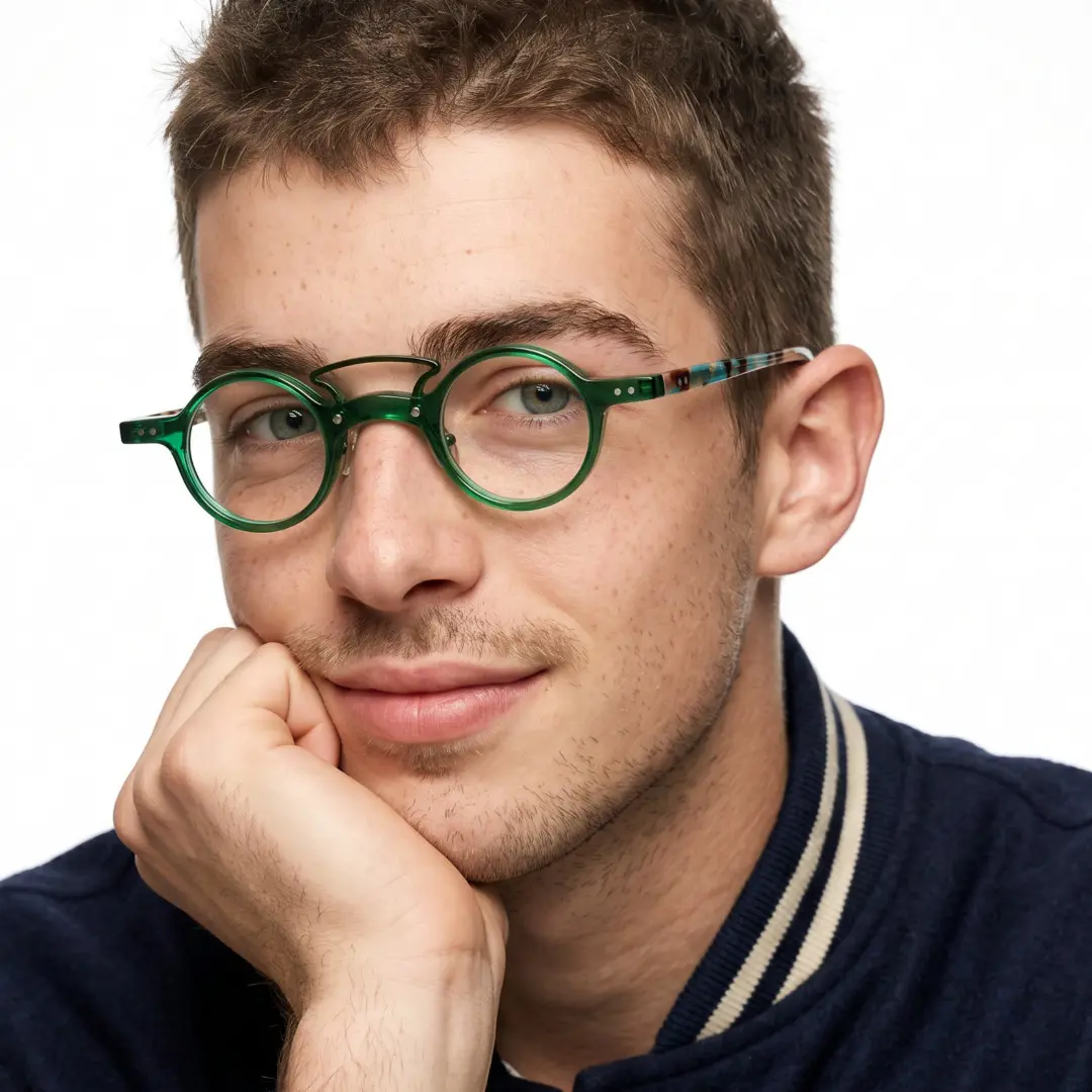 Front view of male wearing green round eyeglasses, hand near face, natural smile, RA0302310